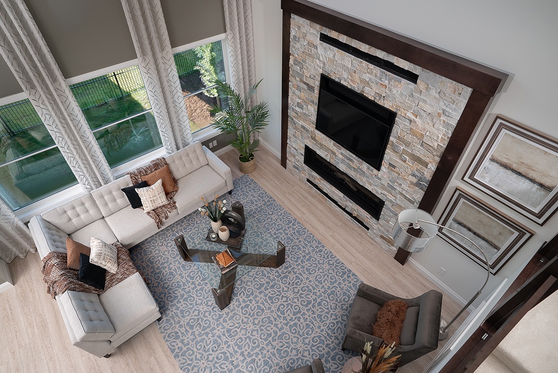 Overhead view of livingroom and fireplace