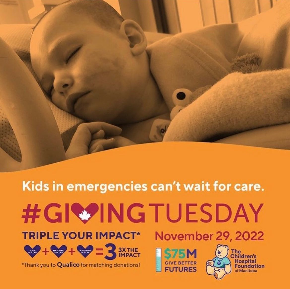 Triple your impact today! This #GivingTuesday Qualico will TRIPLE your donation towards the Children’s Hospital Emergency Department up to $100,000. 

During a time where numbers are soaring in hospitals and especially in the Children’s Emergency - your donation can help families, children, and the shortages our hospitals are facing. 

Donate today through the link in our bio!